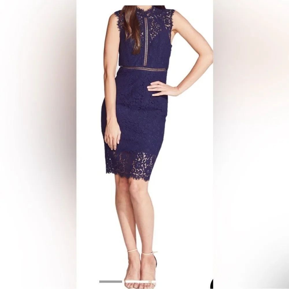 Bardot Blue Lace Panel Feminine Floral Contemporary Zipper Midi Event Dress